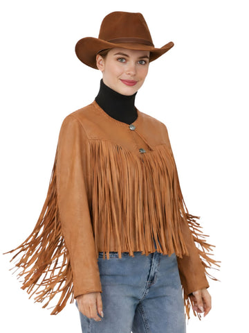 Person wearing a brown fringed jacket and cowboy hat on a white background