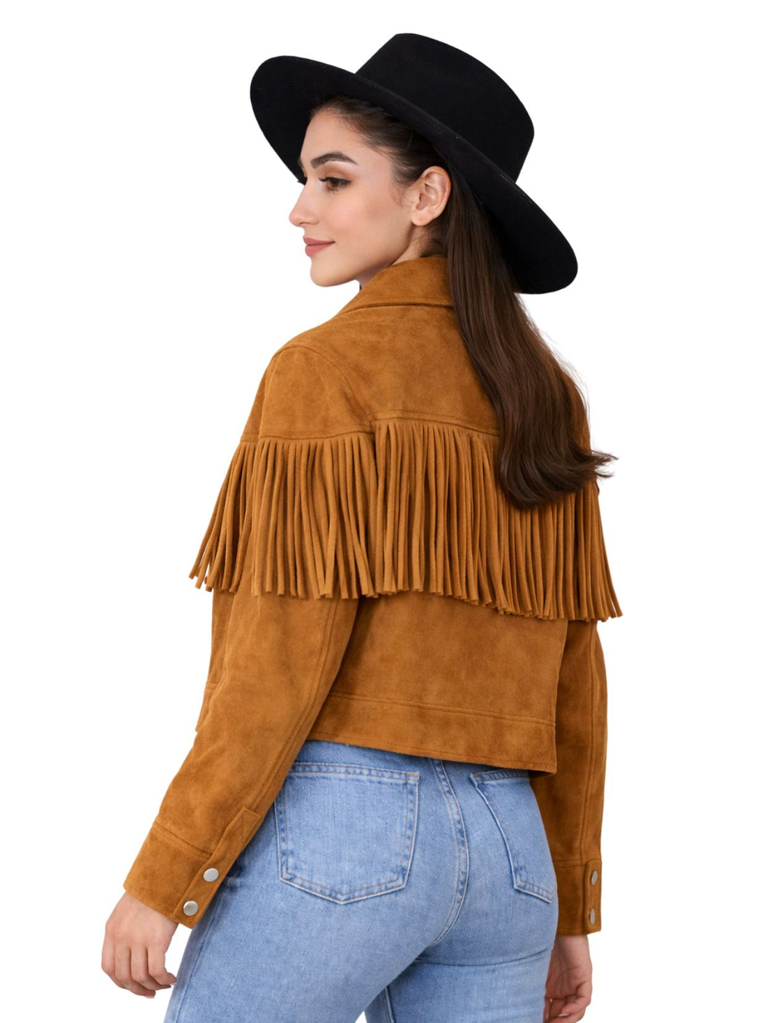 woman wearing tan fringe suede jacket black hat and white top front view