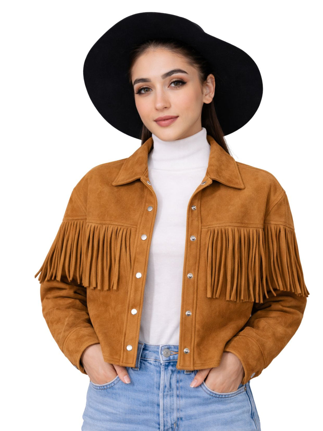 woman wearing tan fringe suede jacket black hat and white top front view