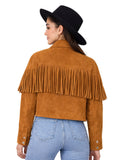 woman wearing tan fringe suede jacket with black hat back view