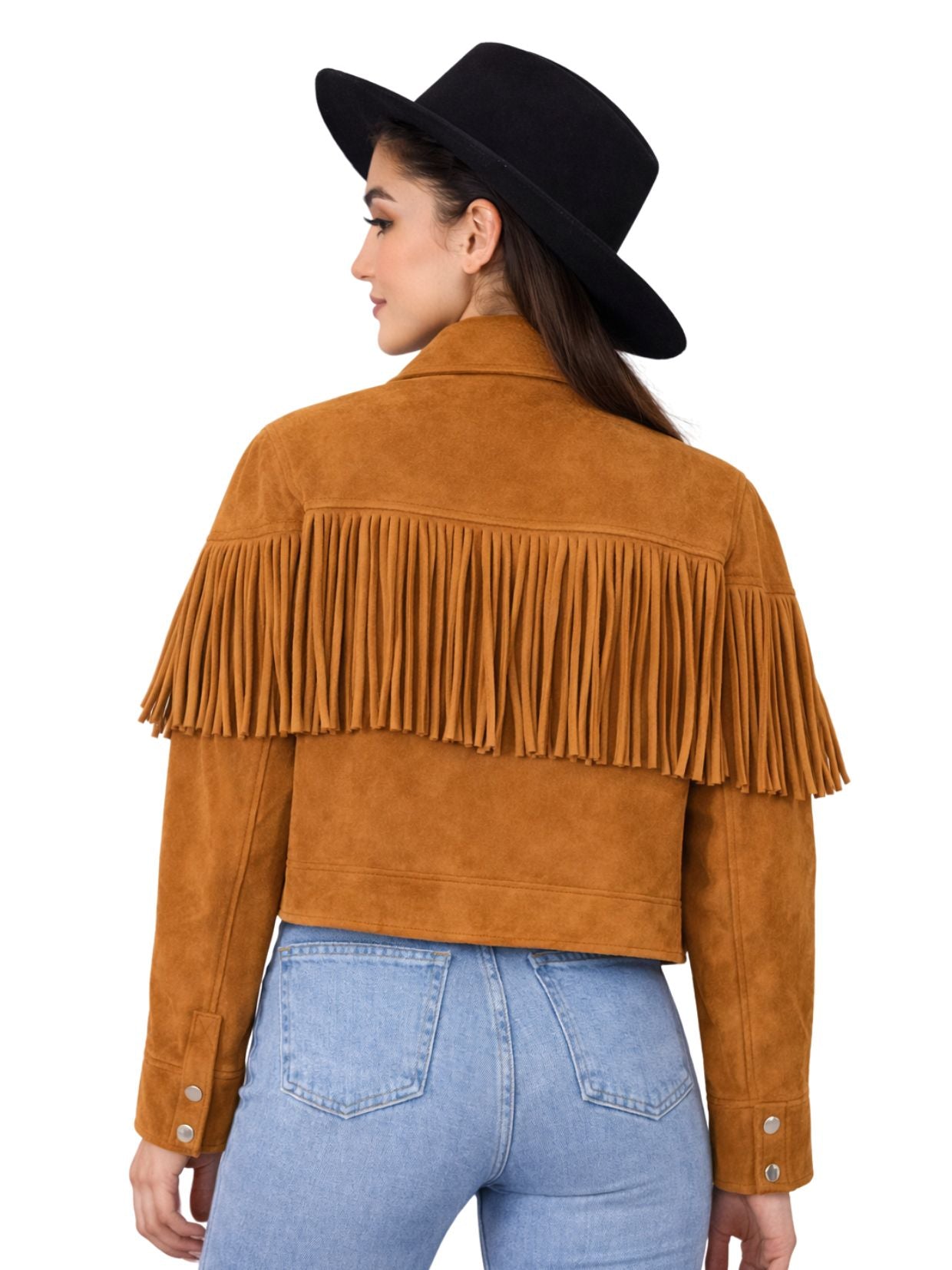 woman wearing tan fringe suede jacket with black hat back view