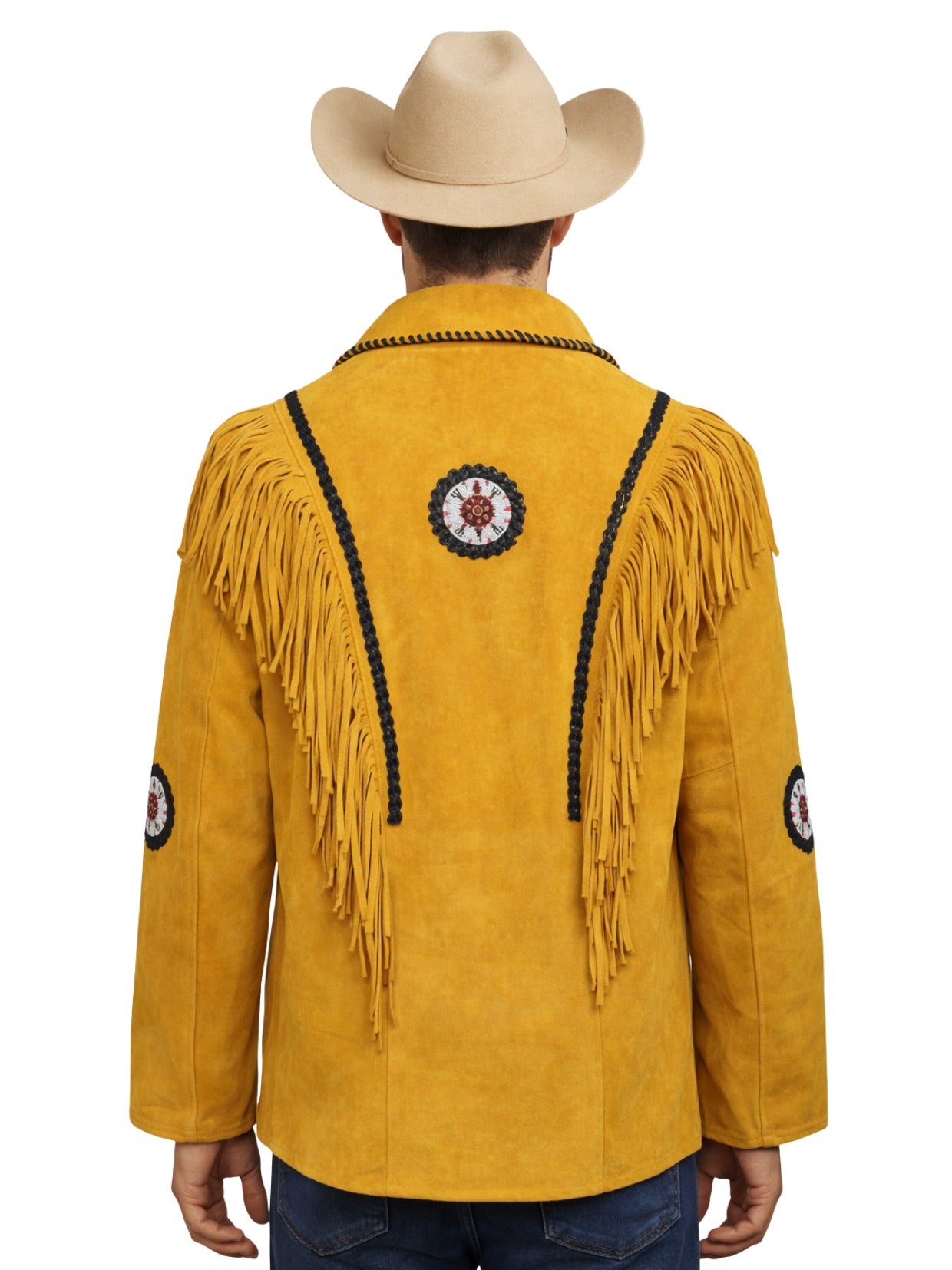 yellow western suede fringe jacket beaded back